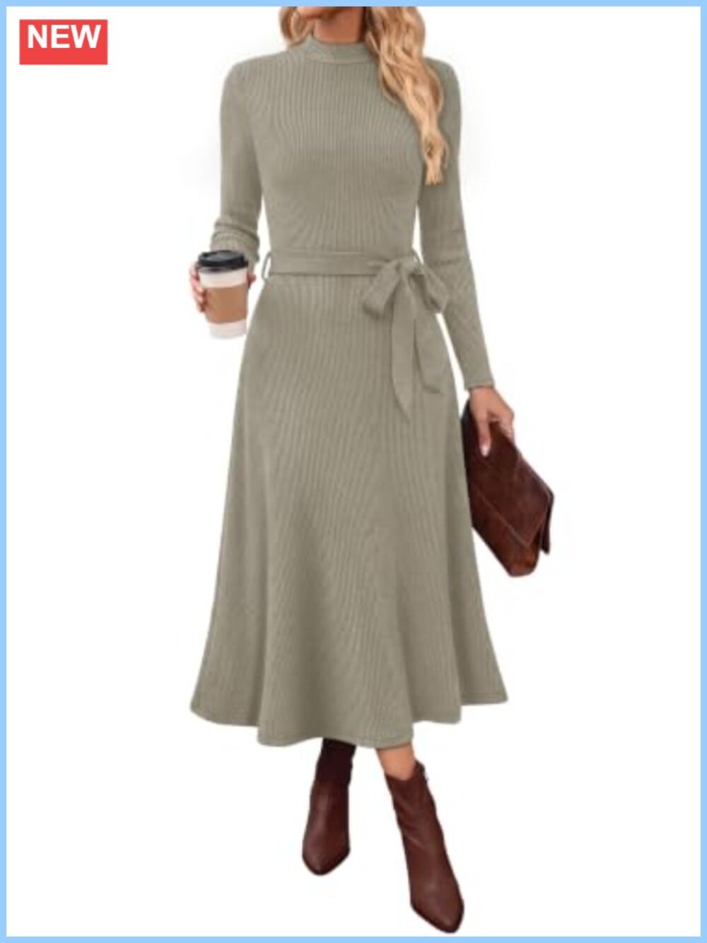 Long Sleeve Mock Neck Ribbed Knit Midi Dress Tie Waist A-Line